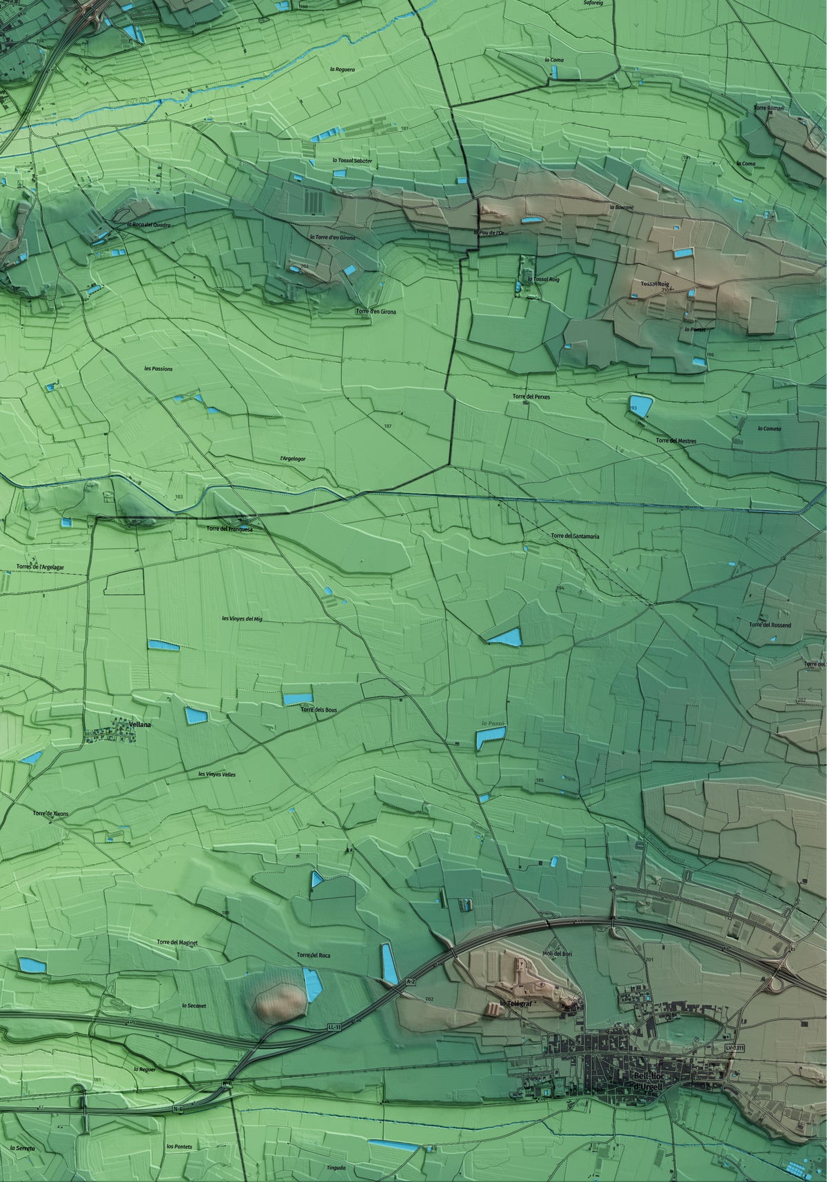 Mapa artístico del relieve de Vilanova de la Barca, al Segrià, con 15 km de entorno y base topográfica ICGC. Detalle de la zona inferior derecha.