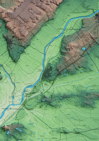 Mapa artístico del relieve de Vilanova de la Barca, al Segrià, con 15 km de entorno y base topográfica ICGC. Detalle de la zona central.