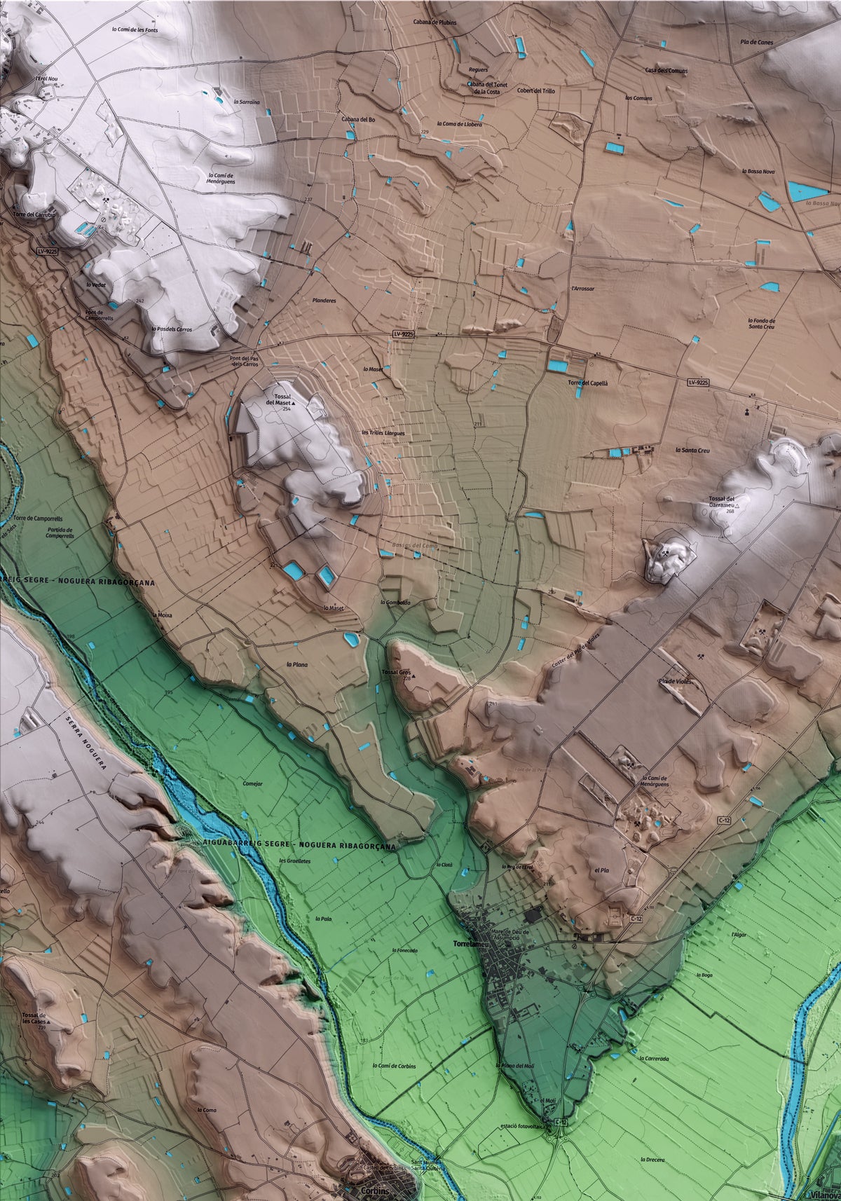 Mapa artístico del relieve de Vilanova de la Barca, al Segrià, con 15 km de entorno y base topográfica ICGC. Detalle de la zona superior izquierda.