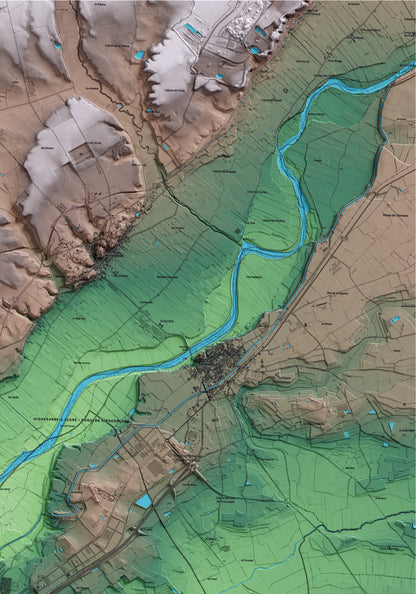 Mapa artístico del relieve de Vilanova de la Barca, al Segrià, con 15 km de entorno y base topográfica ICGC. Detalle de la zona superior derecha.