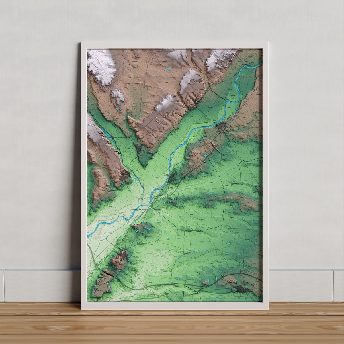 Mapa artístico del relieve de Vilanova de la Barca, al Segrià, con 15 km de entorno y base topográfica ICGC. Presentación enmarcada.
