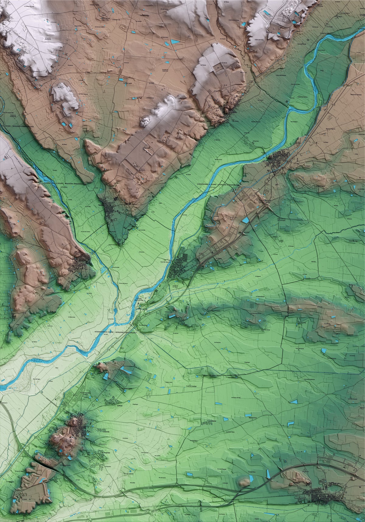 Mapa artístico del relieve de Vilanova de la Barca, al Segrià, con 15 km de entorno y base topográfica ICGC