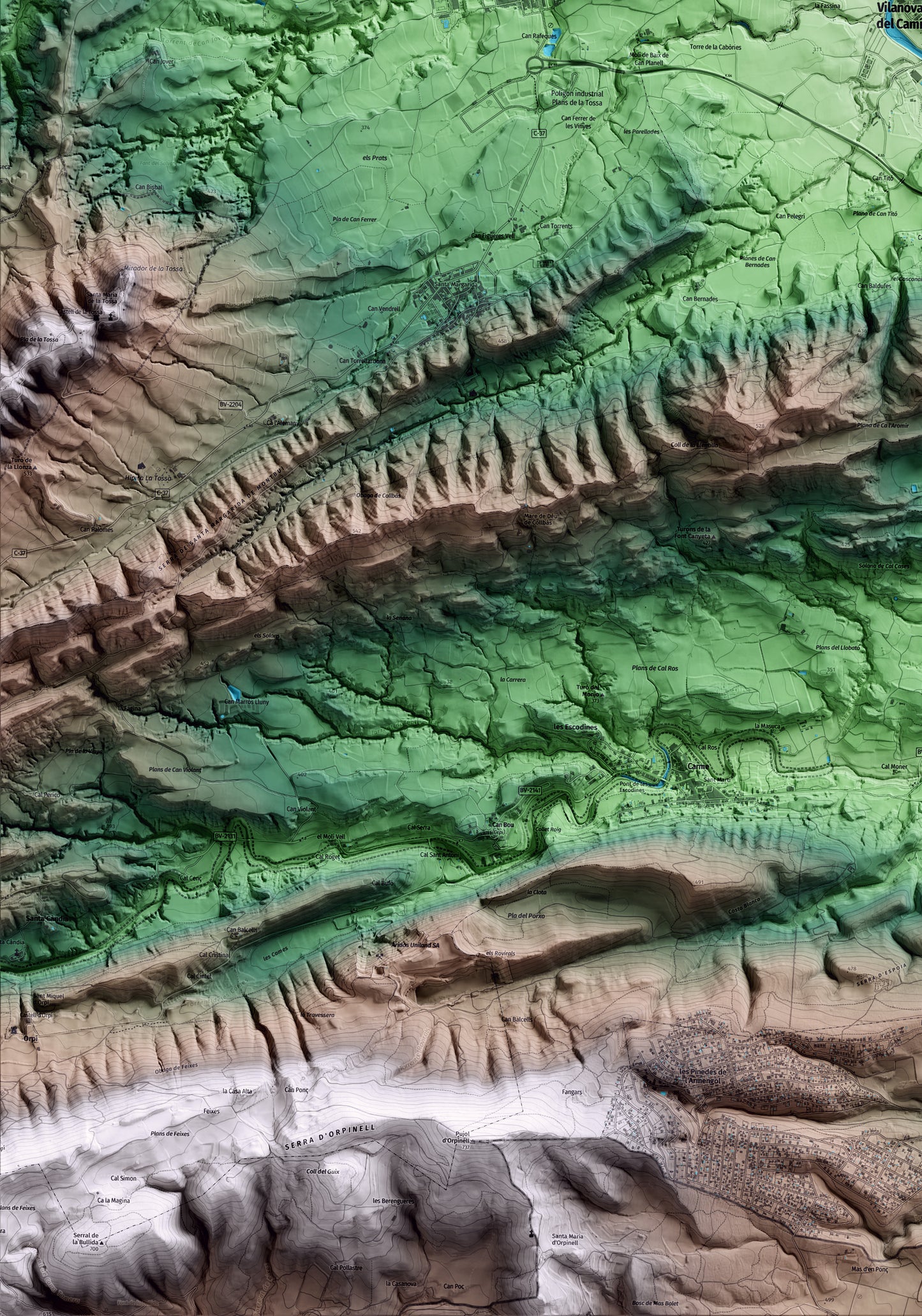 Mapa artístico del relieve de Vilanova del Camí, al Anoia, con 15 km de entorno y base topográfica ICGC. Detalle de la zona inferior izquierda.