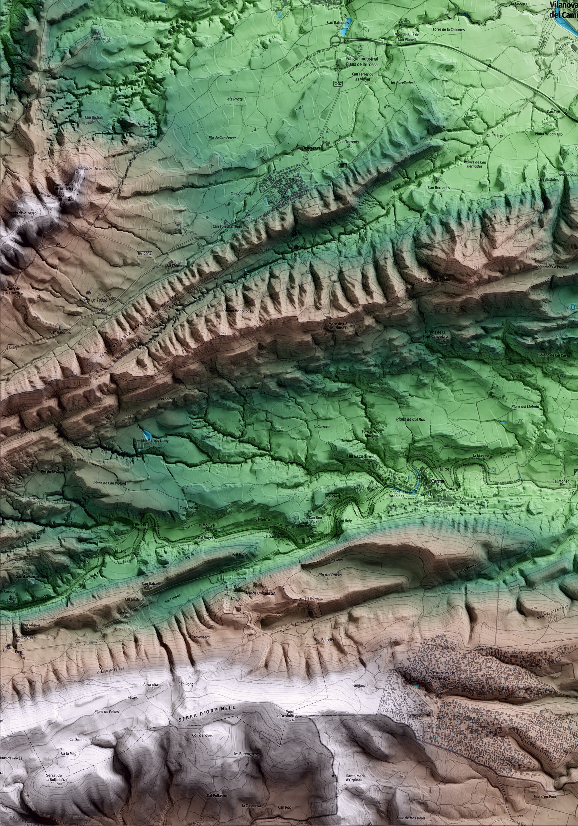Mapa artístico del relieve de Vilanova del Camí, al Anoia, con 15 km de entorno y base topográfica ICGC. Detalle de la zona inferior izquierda.
