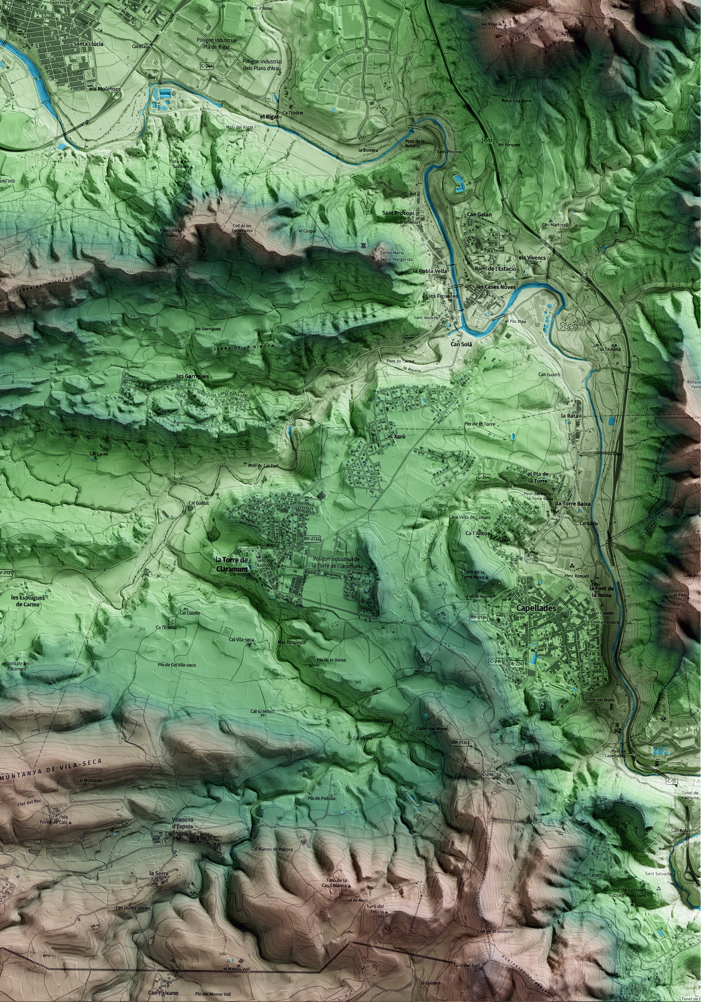 Mapa artístico del relieve de Vilanova del Camí, al Anoia, con 15 km de entorno y base topográfica ICGC. Detalle de la zona inferior derecha.