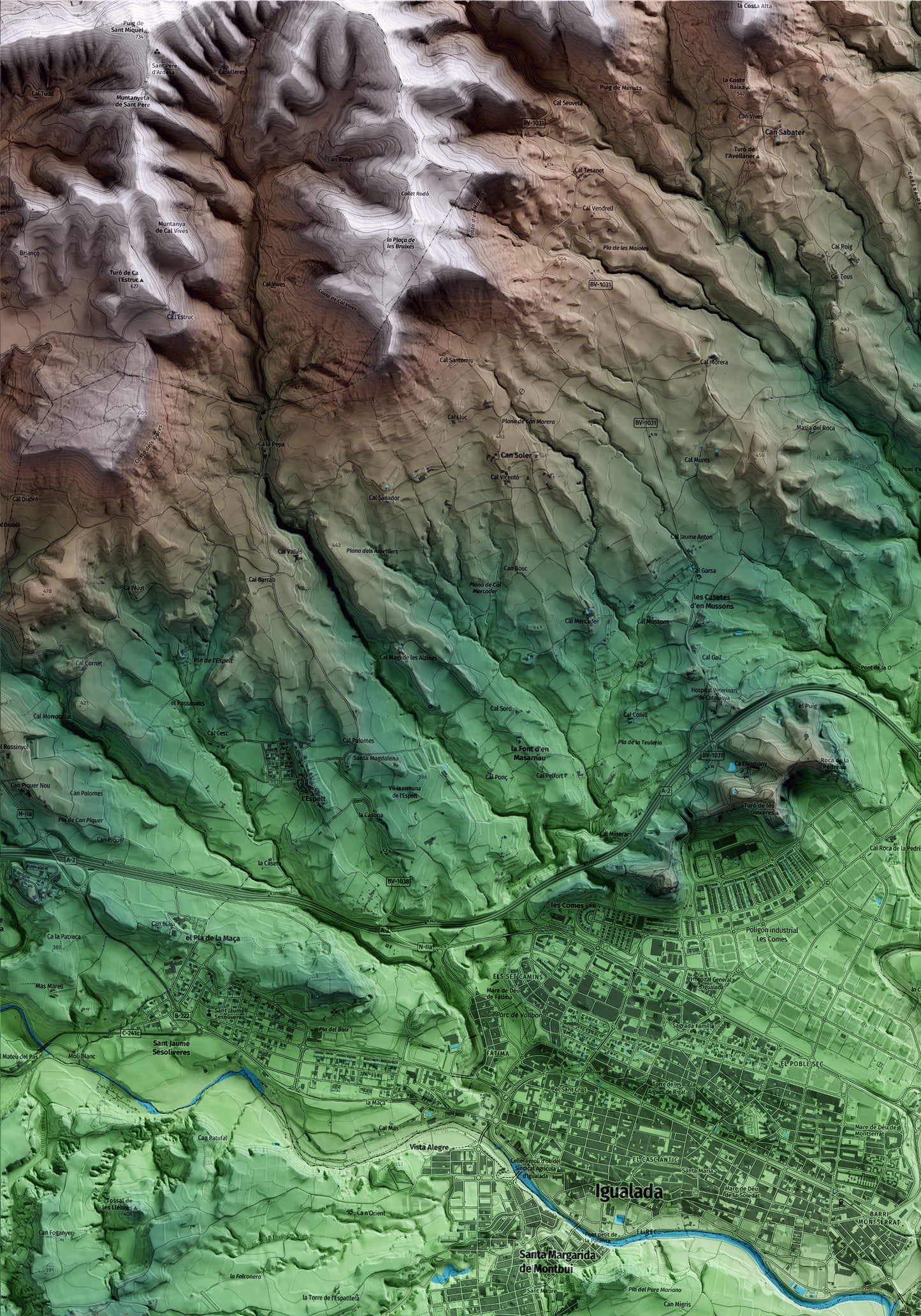 Mapa artístico del relieve de Vilanova del Camí, al Anoia, con 15 km de entorno y base topográfica ICGC. Detalle de la zona superior izquierda.