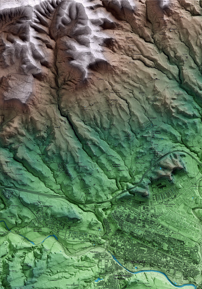 Mapa artístico del relieve de Vilanova del Camí, al Anoia, con 15 km de entorno y base topográfica ICGC. Detalle de la zona superior izquierda.