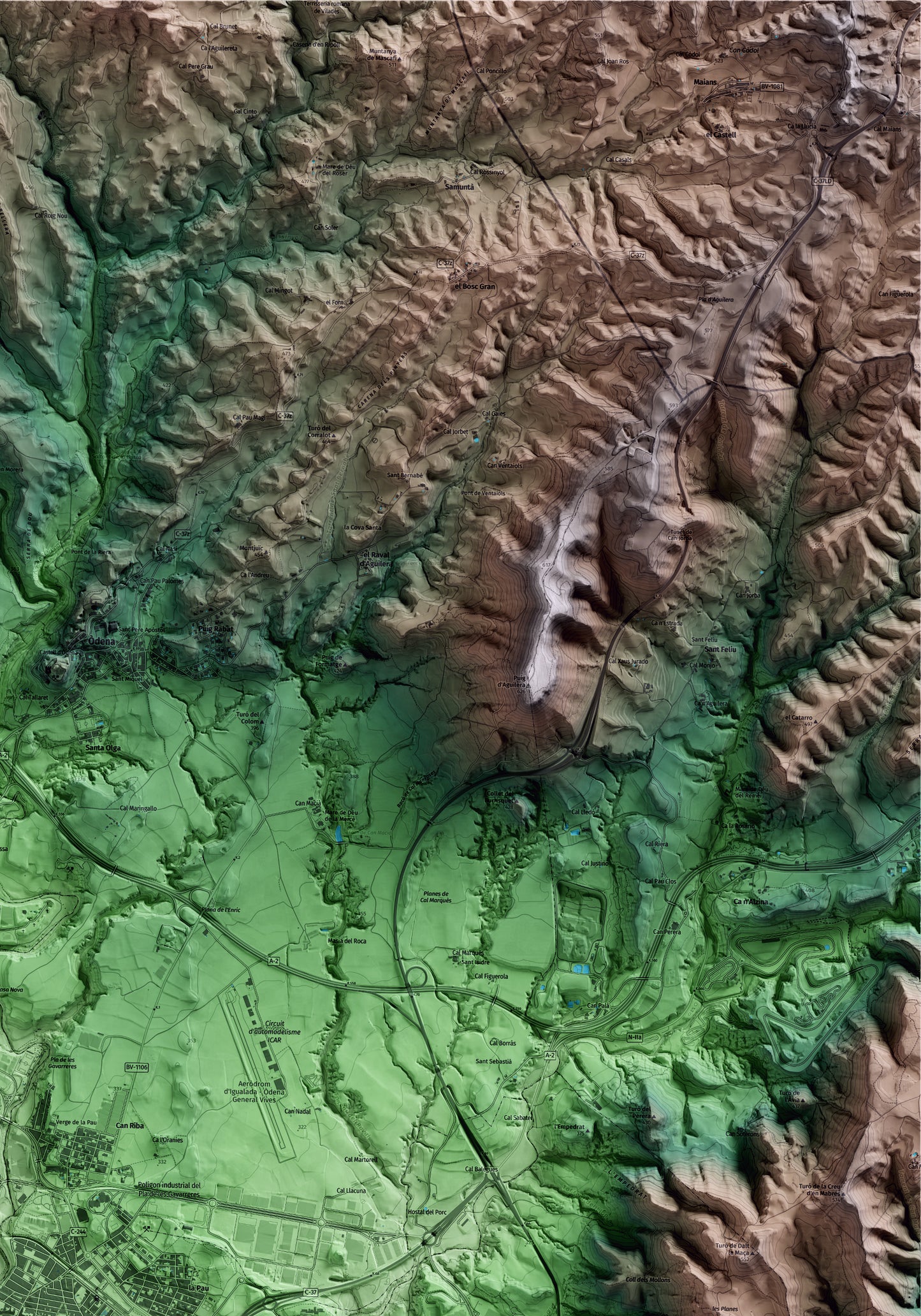 Mapa artístico del relieve de Vilanova del Camí, al Anoia, con 15 km de entorno y base topográfica ICGC. Detalle de la zona superior derecha.