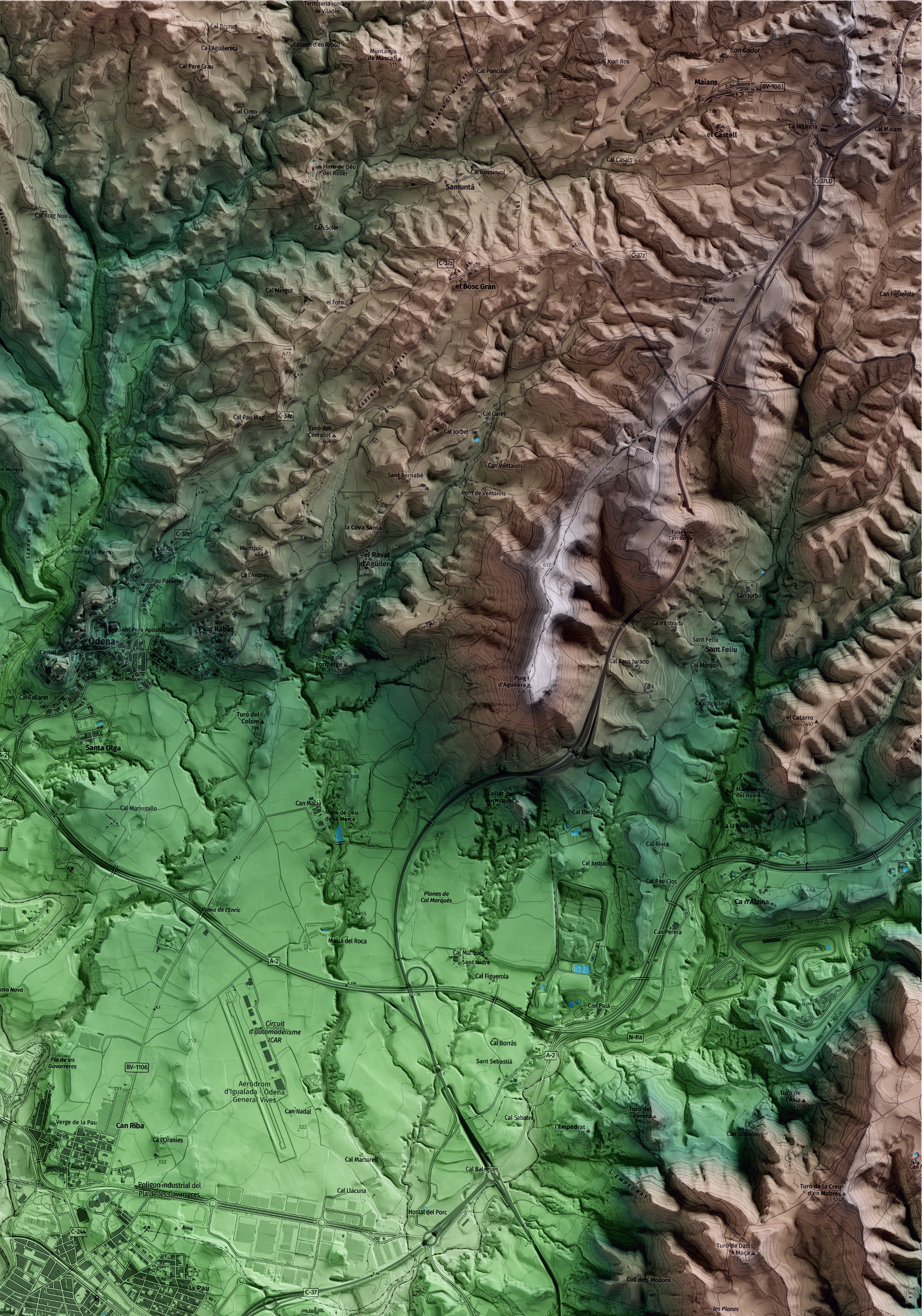 Mapa artístico del relieve de Vilanova del Camí, al Anoia, con 15 km de entorno y base topográfica ICGC. Detalle de la zona superior derecha.