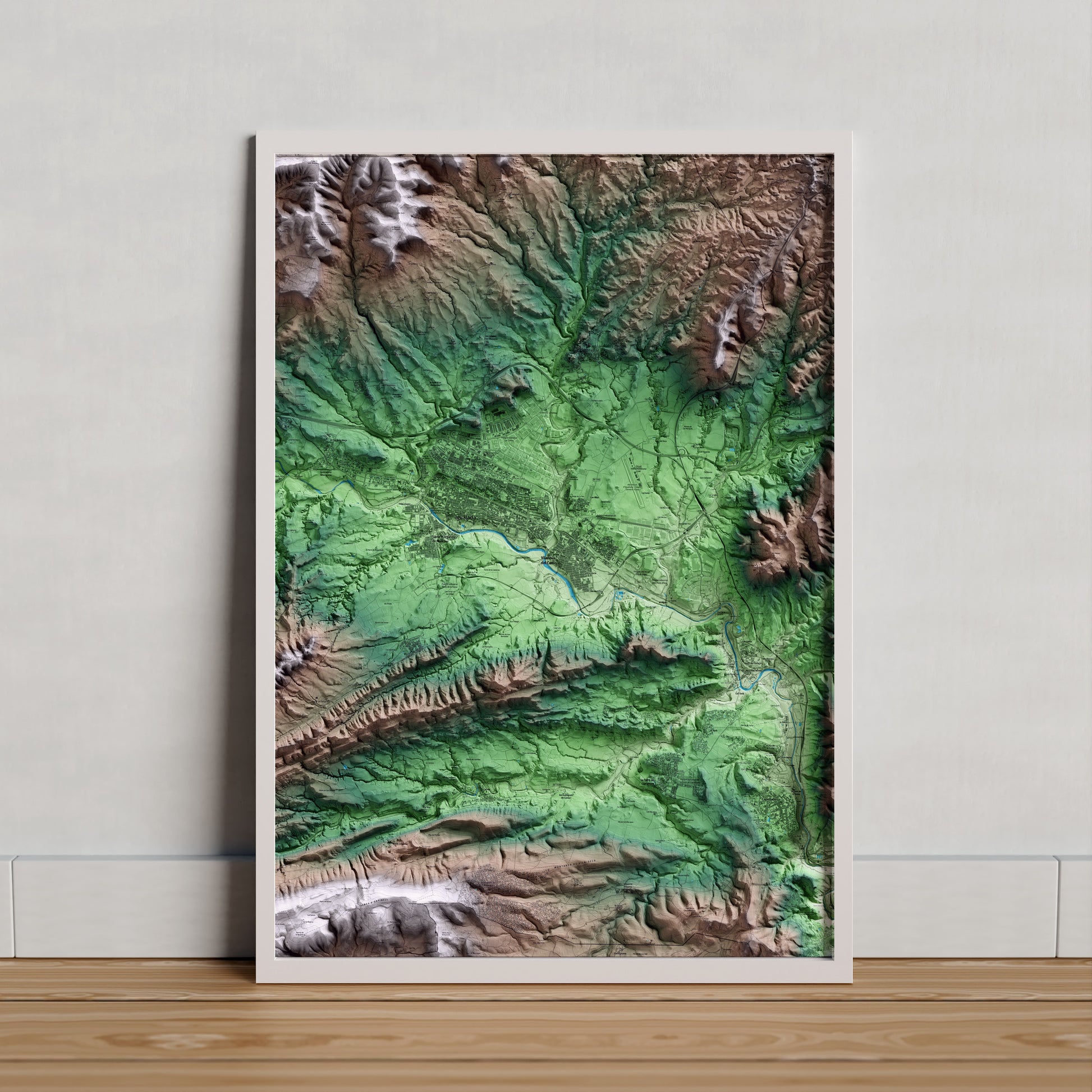 Mapa artístico del relieve de Vilanova del Camí, al Anoia, con 15 km de entorno y base topográfica ICGC. Presentación enmarcada.