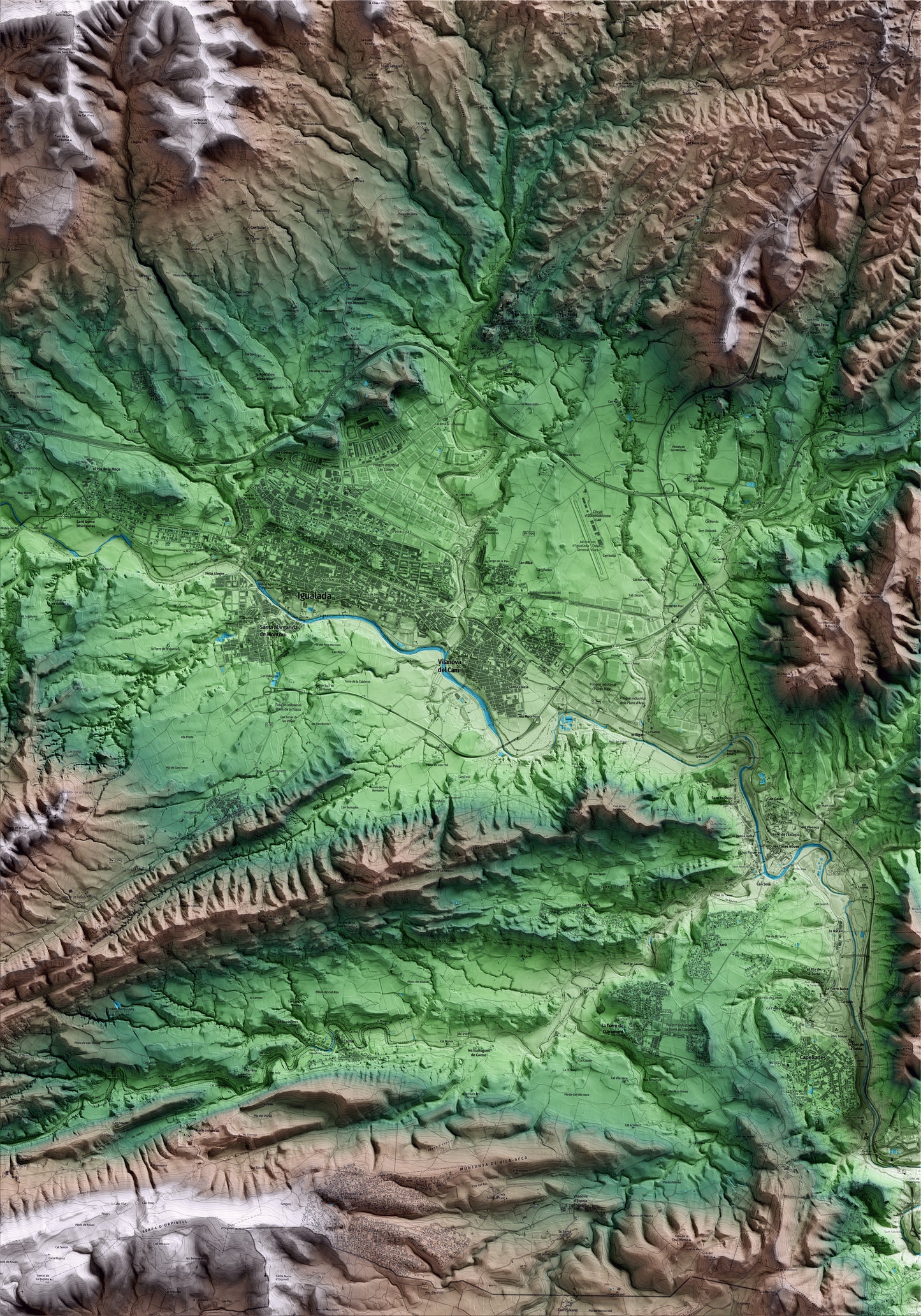 Mapa artístico del relieve de Vilanova del Camí, al Anoia, con 15 km de entorno y base topográfica ICGC