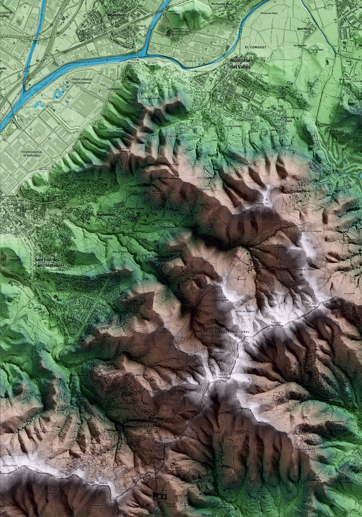 Mapa artístico del relieve de Vilanova del Vallès, al Vallès Oriental, con 15 km de entorno y base topográfica ICGC. Detalle de la zona inferior izquierda.
