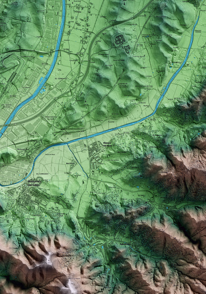 Mapa artístico del relieve de Vilanova del Vallès, al Vallès Oriental, con 15 km de entorno y base topográfica ICGC. Detalle de la zona central.