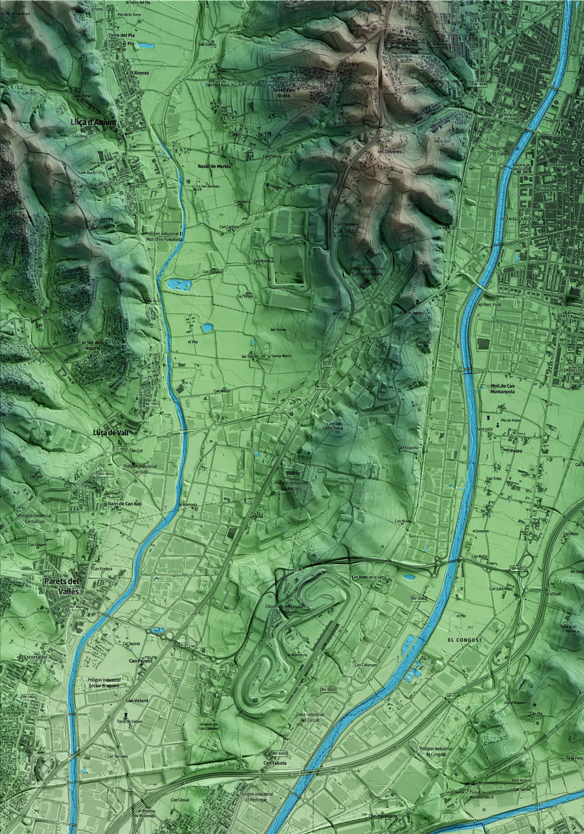 Mapa artístico del relieve de Vilanova del Vallès, al Vallès Oriental, con 15 km de entorno y base topográfica ICGC. Detalle de la zona superior izquierda.