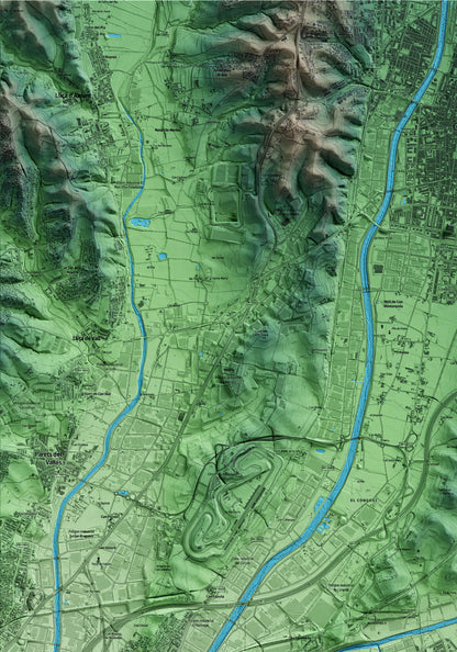 Mapa artístico del relieve de Vilanova del Vallès, al Vallès Oriental, con 15 km de entorno y base topográfica ICGC. Detalle de la zona superior izquierda.