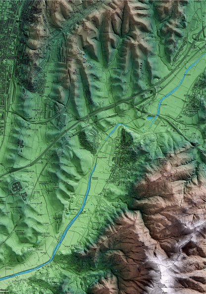 Mapa artístico del relieve de Vilanova del Vallès, al Vallès Oriental, con 15 km de entorno y base topográfica ICGC. Detalle de la zona superior derecha.