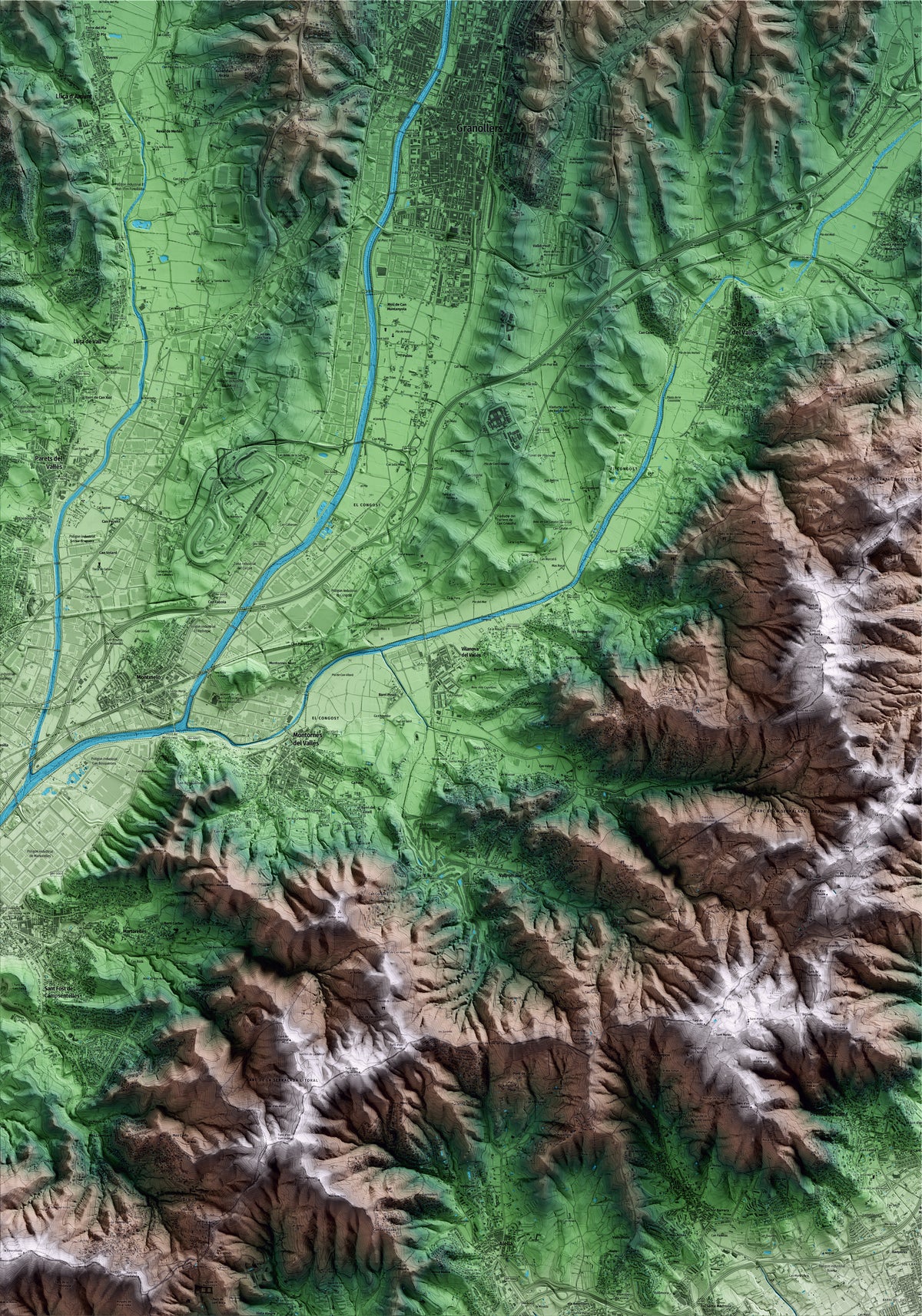 Mapa artístico del relieve de Vilanova del Vallès, al Vallès Oriental, con 15 km de entorno y base topográfica ICGC