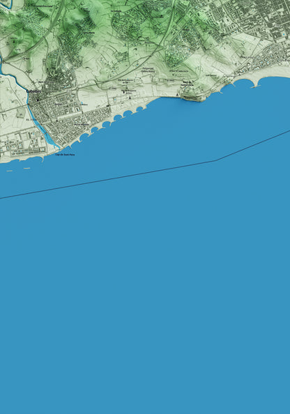 Mapa artístico del relieve de Vilanova i la Geltrú, al Garraf, con 15 km de entorno y base topográfica ICGC. Detalle de la zona inferior izquierda.