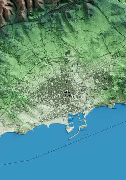 Mapa artístico del relieve de Vilanova i la Geltrú, al Garraf, con 15 km de entorno y base topográfica ICGC. Detalle de la zona central.