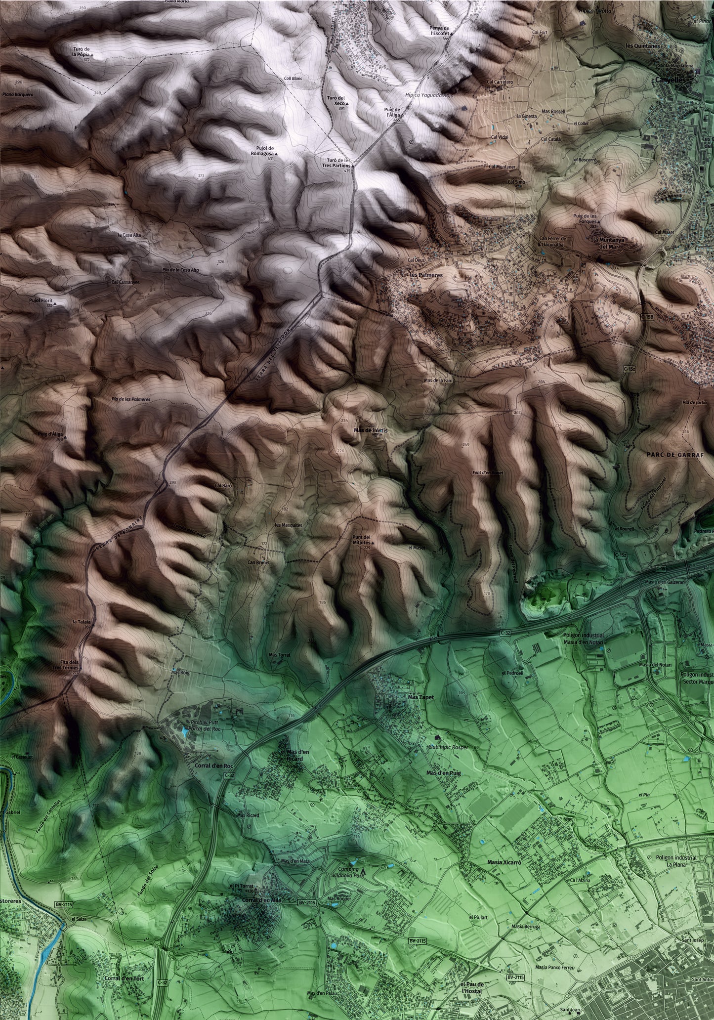 Mapa artístico del relieve de Vilanova i la Geltrú, al Garraf, con 15 km de entorno y base topográfica ICGC. Detalle de la zona superior izquierda.