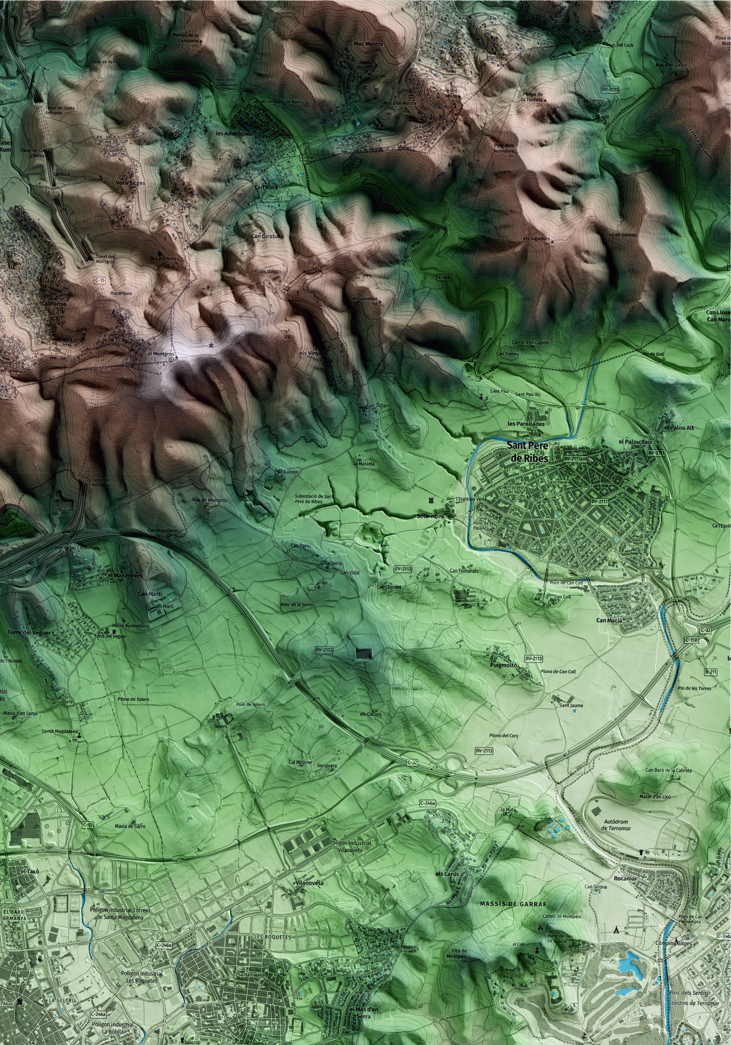 Mapa artístico del relieve de Vilanova i la Geltrú, al Garraf, con 15 km de entorno y base topográfica ICGC. Detalle de la zona superior derecha.