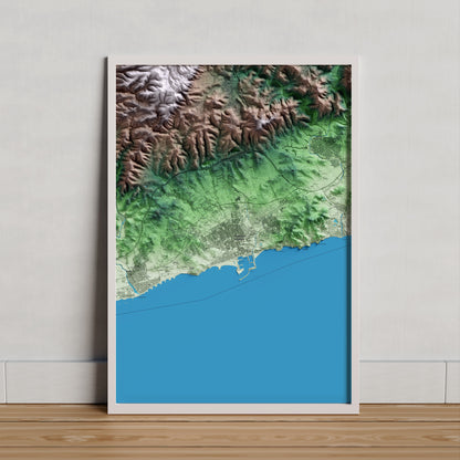 Mapa artístico del relieve de Vilanova i la Geltrú, al Garraf, con 15 km de entorno y base topográfica ICGC. Presentación enmarcada.