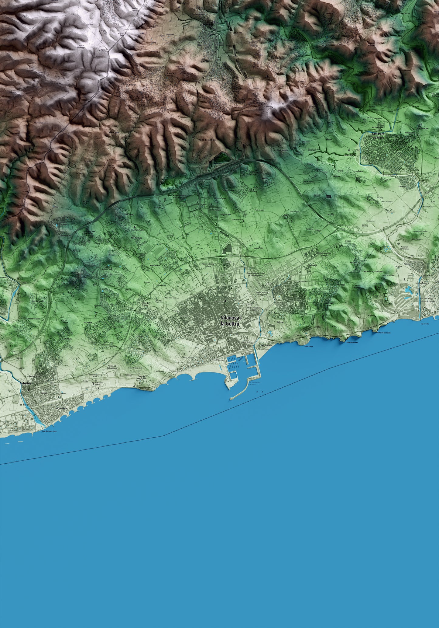 Mapa artístico del relieve de Vilanova i la Geltrú, al Garraf, con 15 km de entorno y base topográfica ICGC