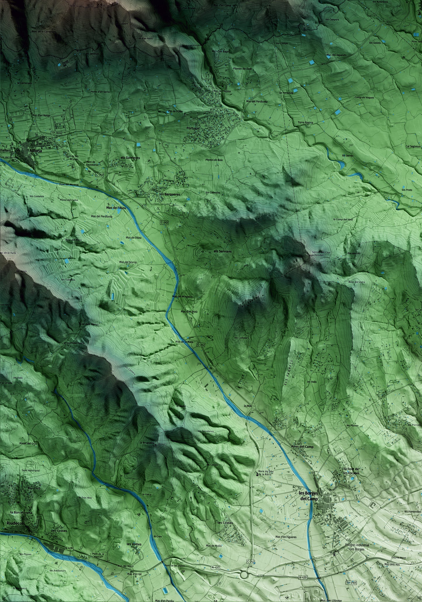 Mapa artístico del relieve de Vilaplana, al Baix Camp, con 15 km de entorno y base topográfica ICGC. Detalle de la zona inferior izquierda.