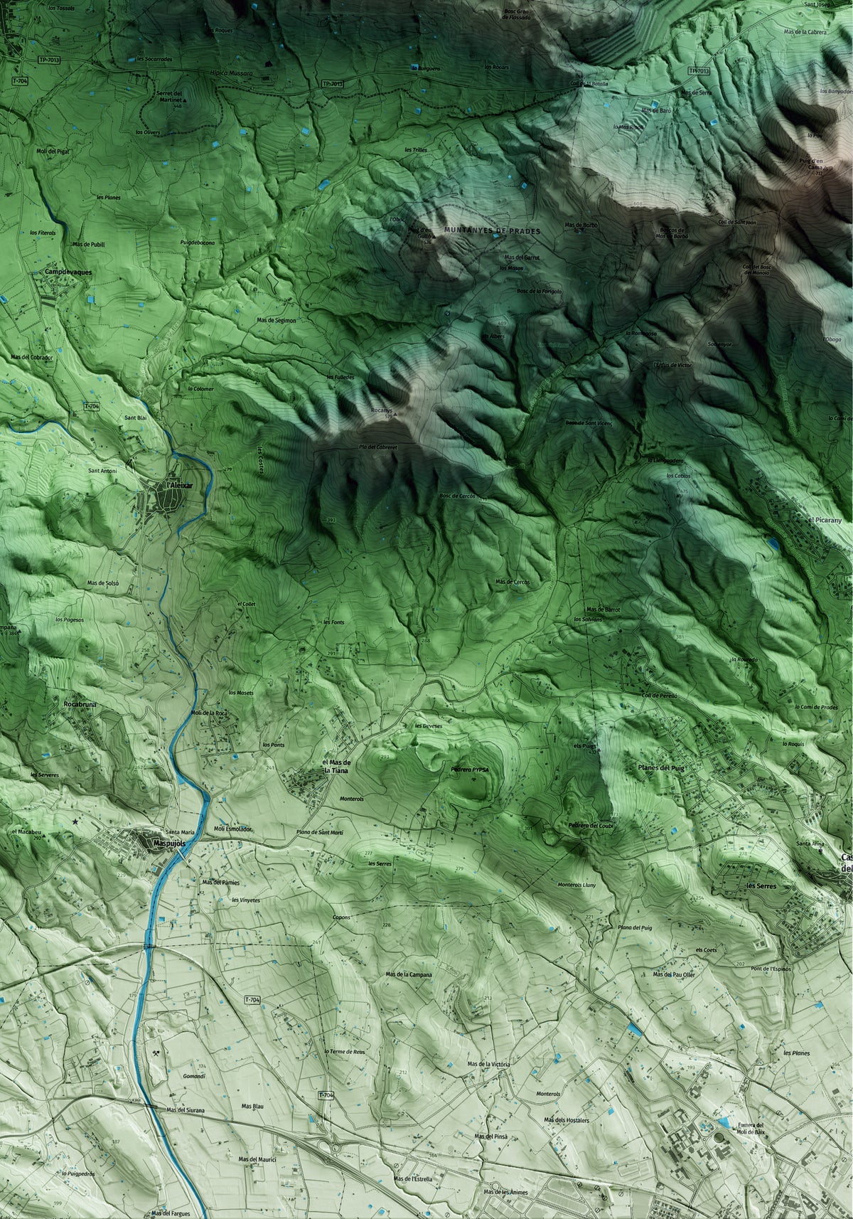 Mapa artístico del relieve de Vilaplana, al Baix Camp, con 15 km de entorno y base topográfica ICGC. Detalle de la zona inferior derecha.