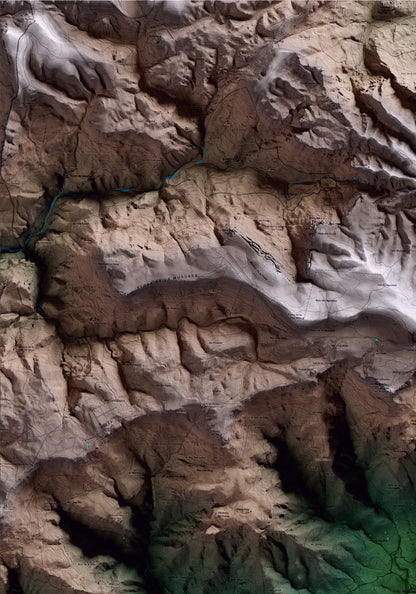 Mapa artístico del relieve de Vilaplana, al Baix Camp, con 15 km de entorno y base topográfica ICGC. Detalle de la zona superior izquierda.
