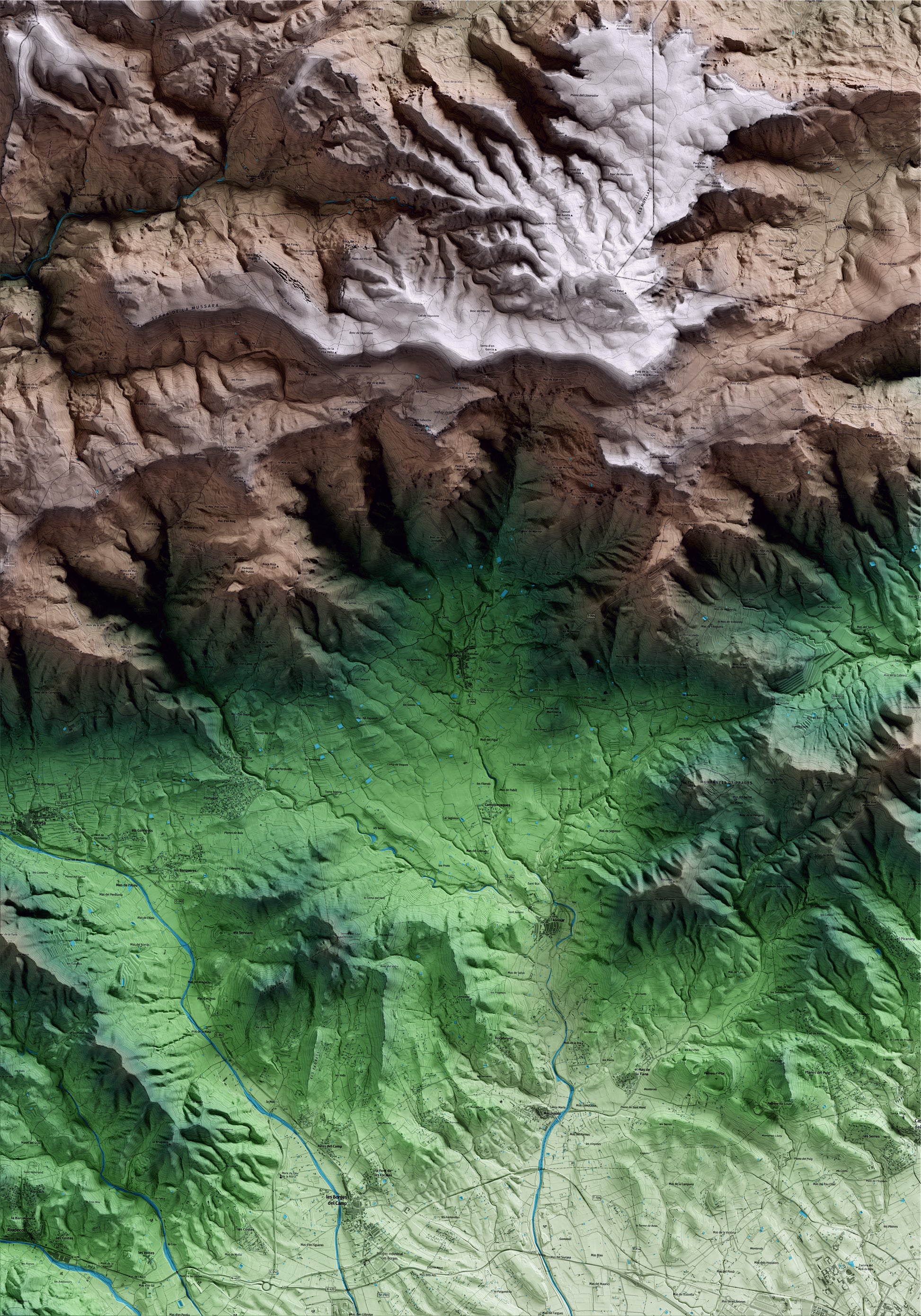 Mapa artístico del relieve de Vilaplana, al Baix Camp, con 15 km de entorno y base topográfica ICGC