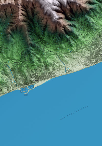 Mapa artístico del relieve de Vilassar de Dalt, al Maresme, con 15 km de entorno y base topográfica ICGC. Detalle de la zona inferior izquierda.