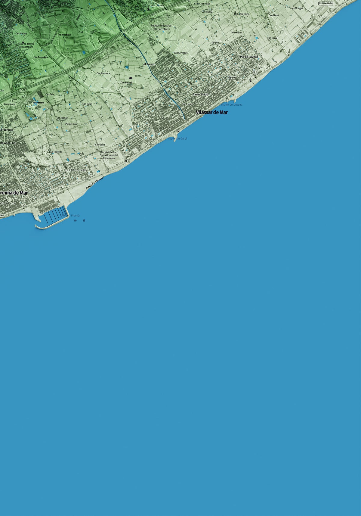 Mapa artístico del relieve de Vilassar de Dalt, al Maresme, con 15 km de entorno y base topográfica ICGC. Detalle de la zona inferior derecha.