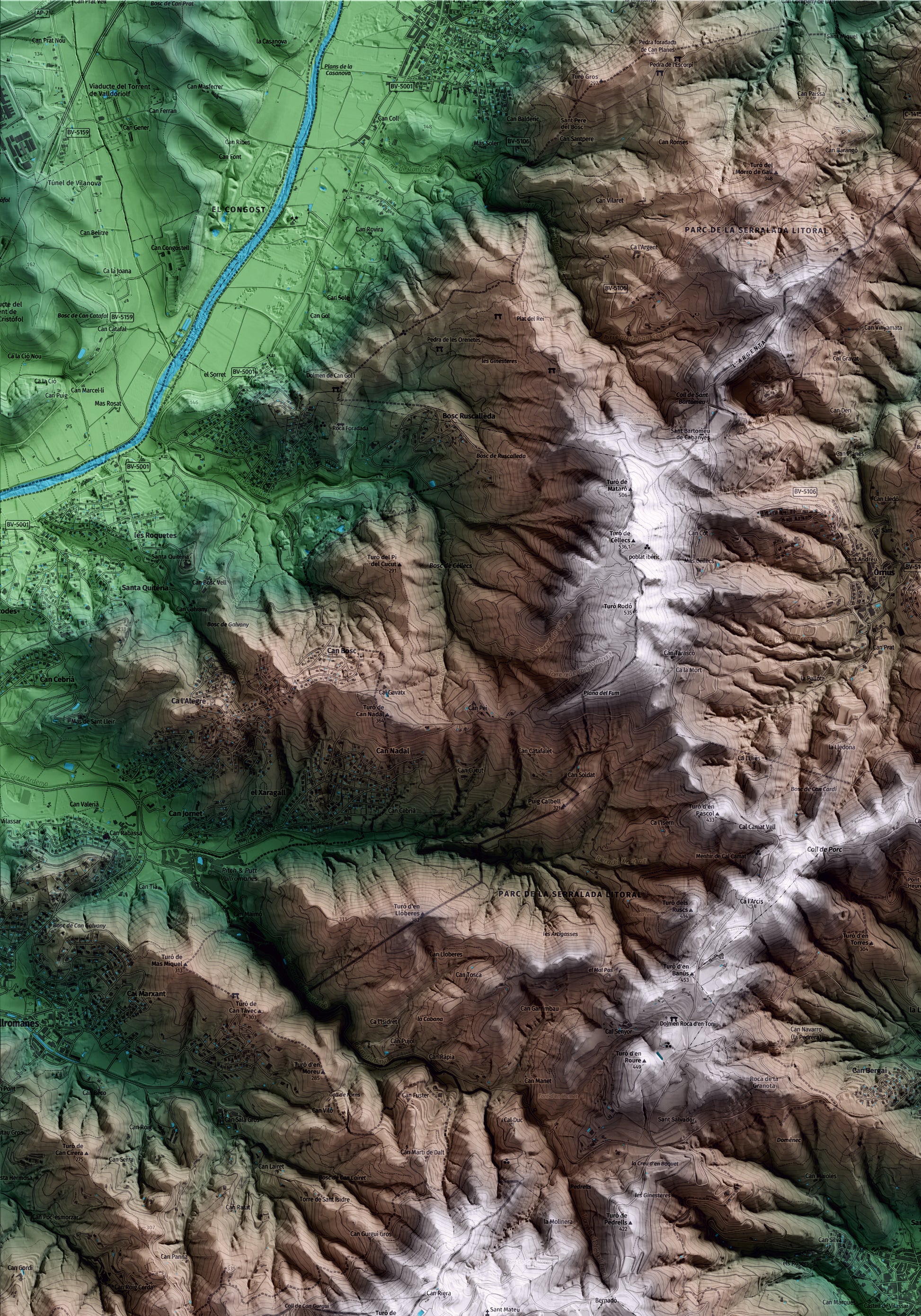 Mapa artístico del relieve de Vilassar de Dalt, al Maresme, con 15 km de entorno y base topográfica ICGC. Detalle de la zona superior izquierda.