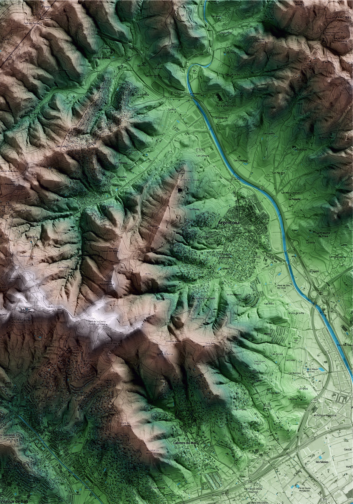 Mapa artístico del relieve de Vilassar de Dalt, al Maresme, con 15 km de entorno y base topográfica ICGC. Detalle de la zona superior derecha.