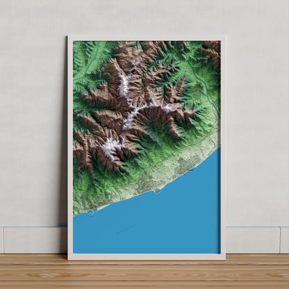Mapa artístico del relieve de Vilassar de Dalt, al Maresme, con 15 km de entorno y base topográfica ICGC. Presentación enmarcada.
