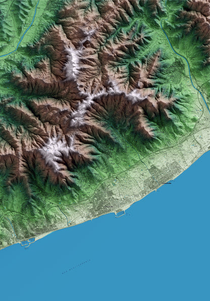 Mapa artístico del relieve de Vilassar de Dalt, al Maresme, con 15 km de entorno y base topográfica ICGC
