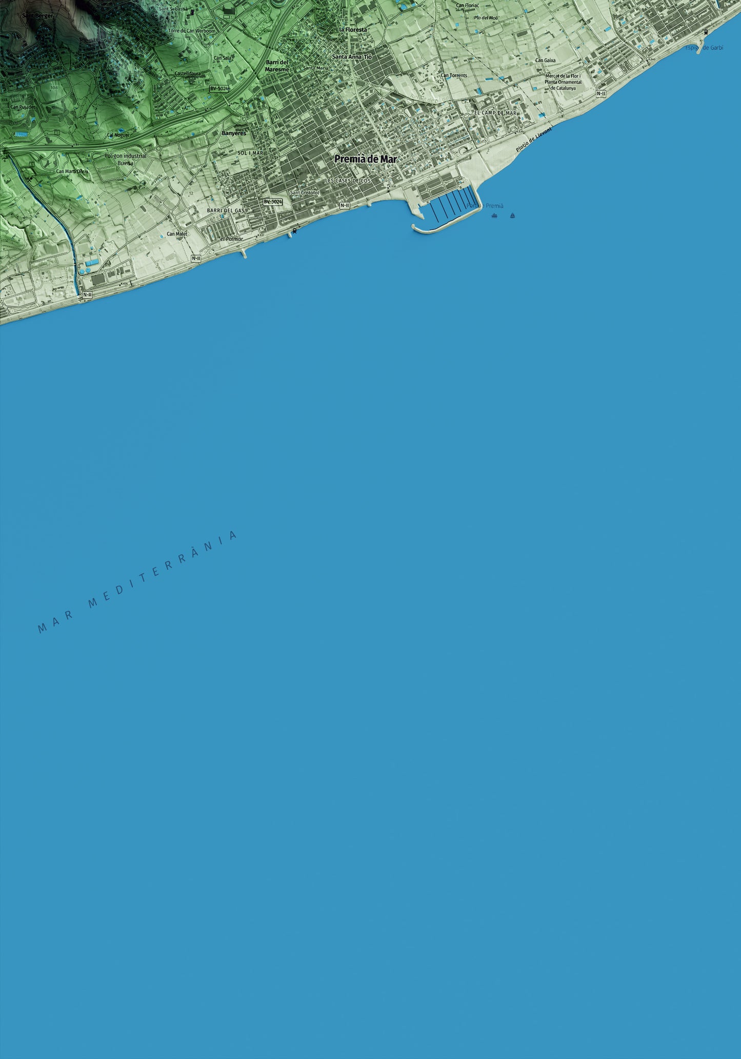 Mapa artístico del relieve de Vilassar de Mar, al Maresme, con 15 km de entorno y base topográfica ICGC. Detalle de la zona inferior izquierda.