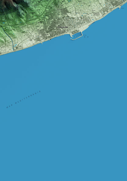 Mapa artístico del relieve de Vilassar de Mar, al Maresme, con 15 km de entorno y base topográfica ICGC. Detalle de la zona inferior izquierda.