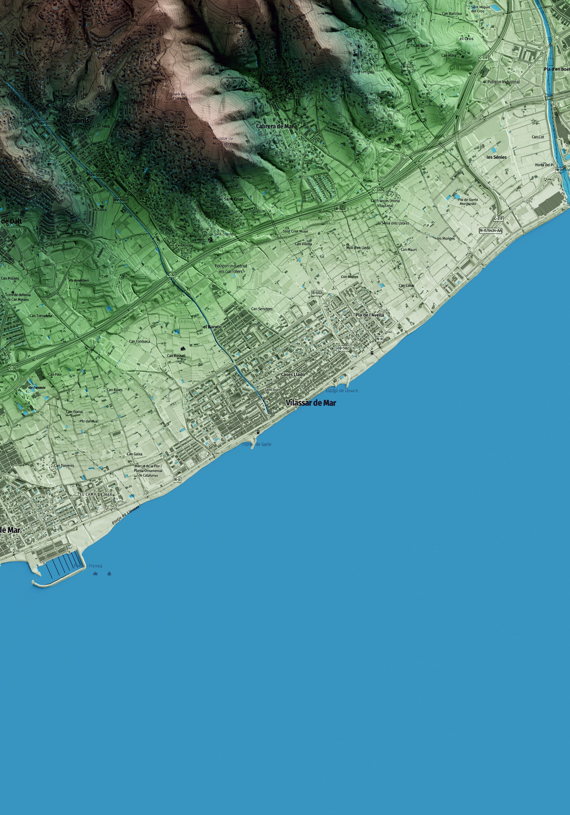 Mapa artístico del relieve de Vilassar de Mar, al Maresme, con 15 km de entorno y base topográfica ICGC. Detalle de la zona central.