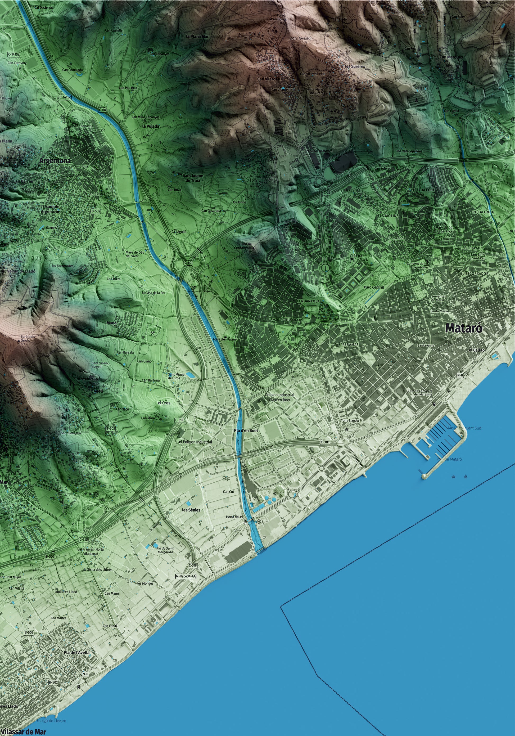 Mapa artístico del relieve de Vilassar de Mar, al Maresme, con 15 km de entorno y base topográfica ICGC. Detalle de la zona superior derecha.