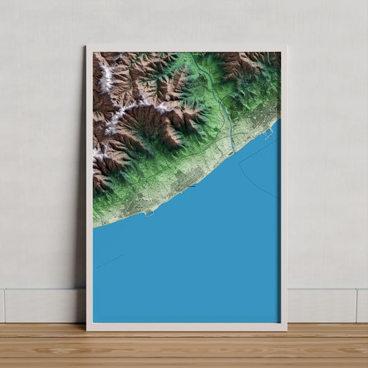 Mapa artístico del relieve de Vilassar de Mar, al Maresme, con 15 km de entorno y base topográfica ICGC. Presentación enmarcada.