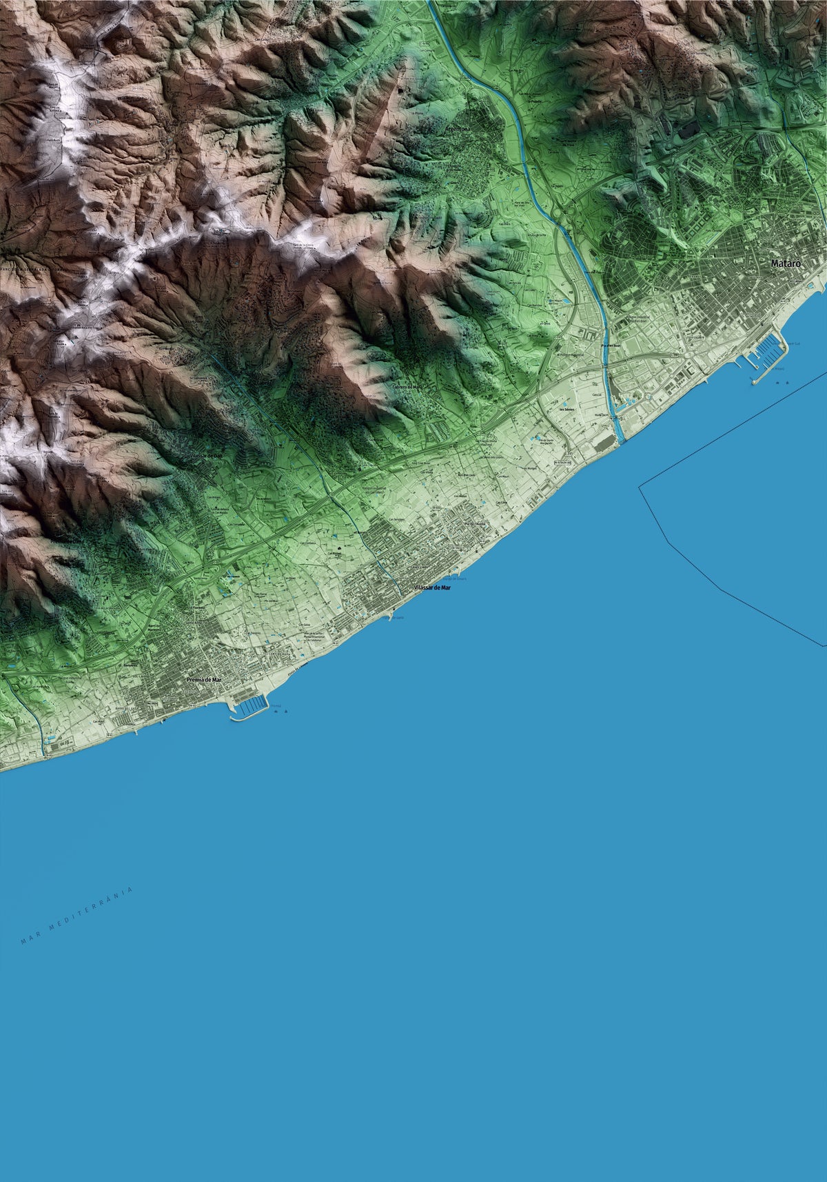 Mapa artístico del relieve de Vilassar de Mar, al Maresme, con 15 km de entorno y base topográfica ICGC