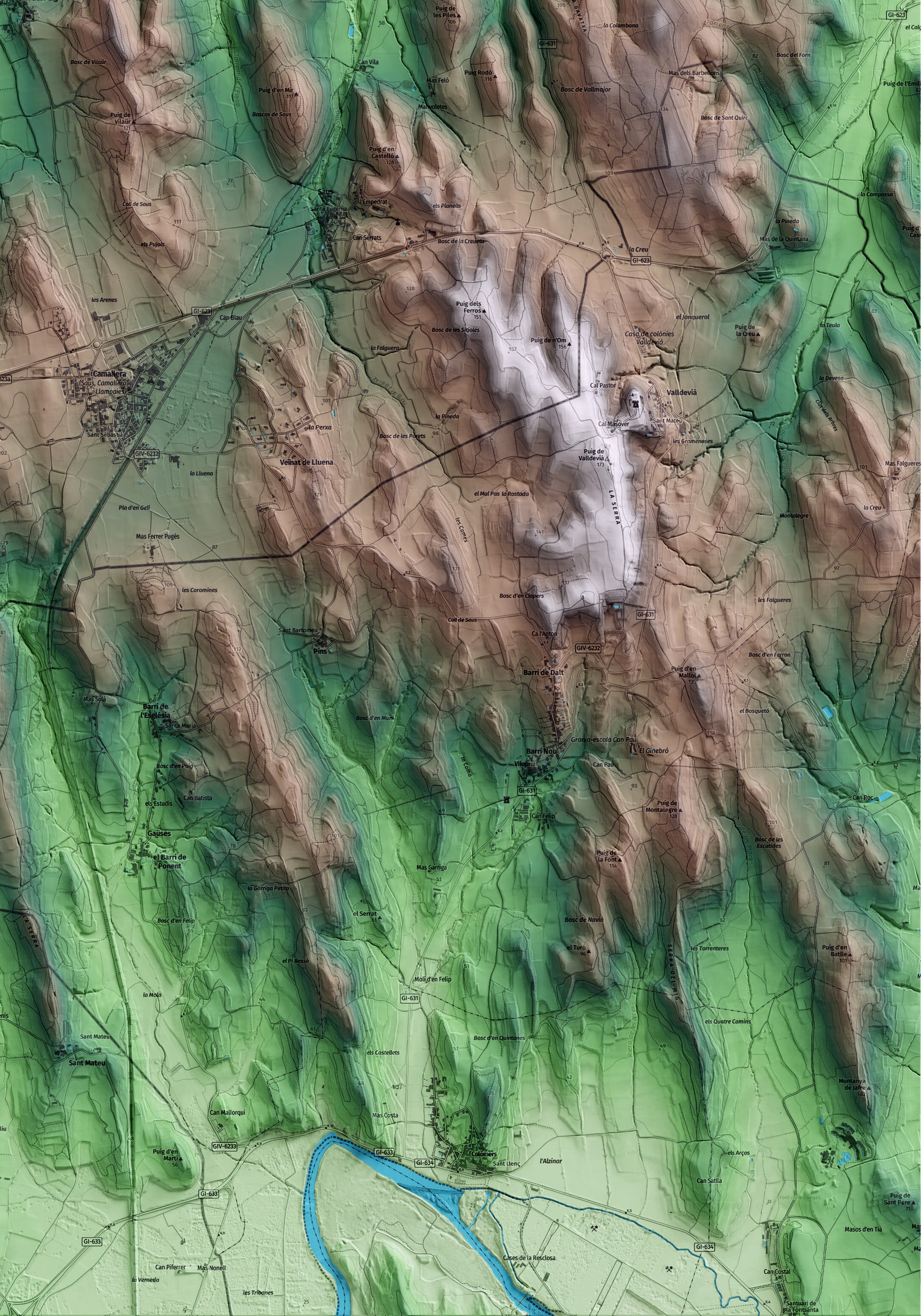 Mapa artístico del relieve de Vilaür, al Alt Empordà, con 15 km de entorno y base topográfica ICGC. Detalle de la zona inferior derecha.