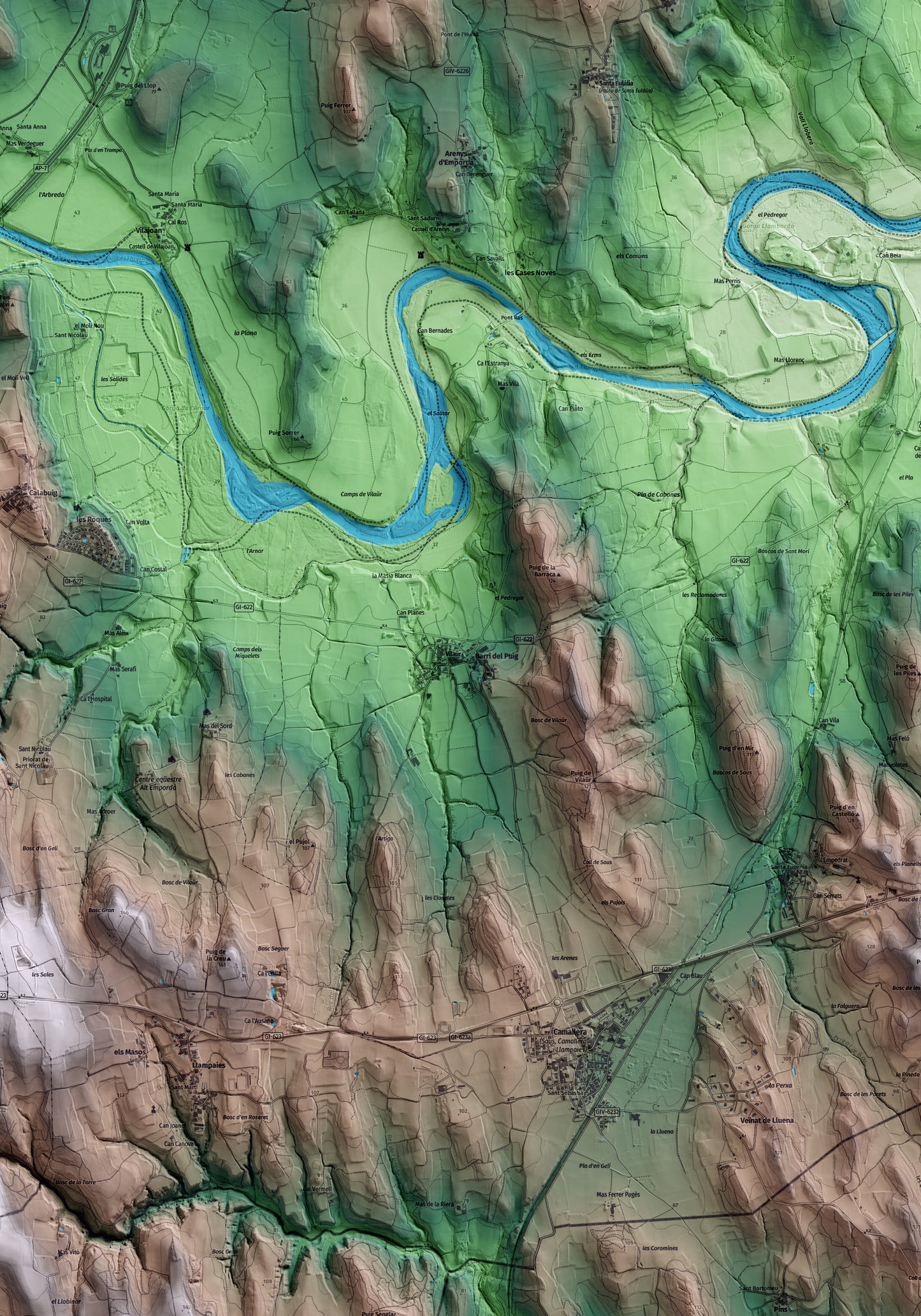 Mapa artístico del relieve de Vilaür, al Alt Empordà, con 15 km de entorno y base topográfica ICGC. Detalle de la zona central.