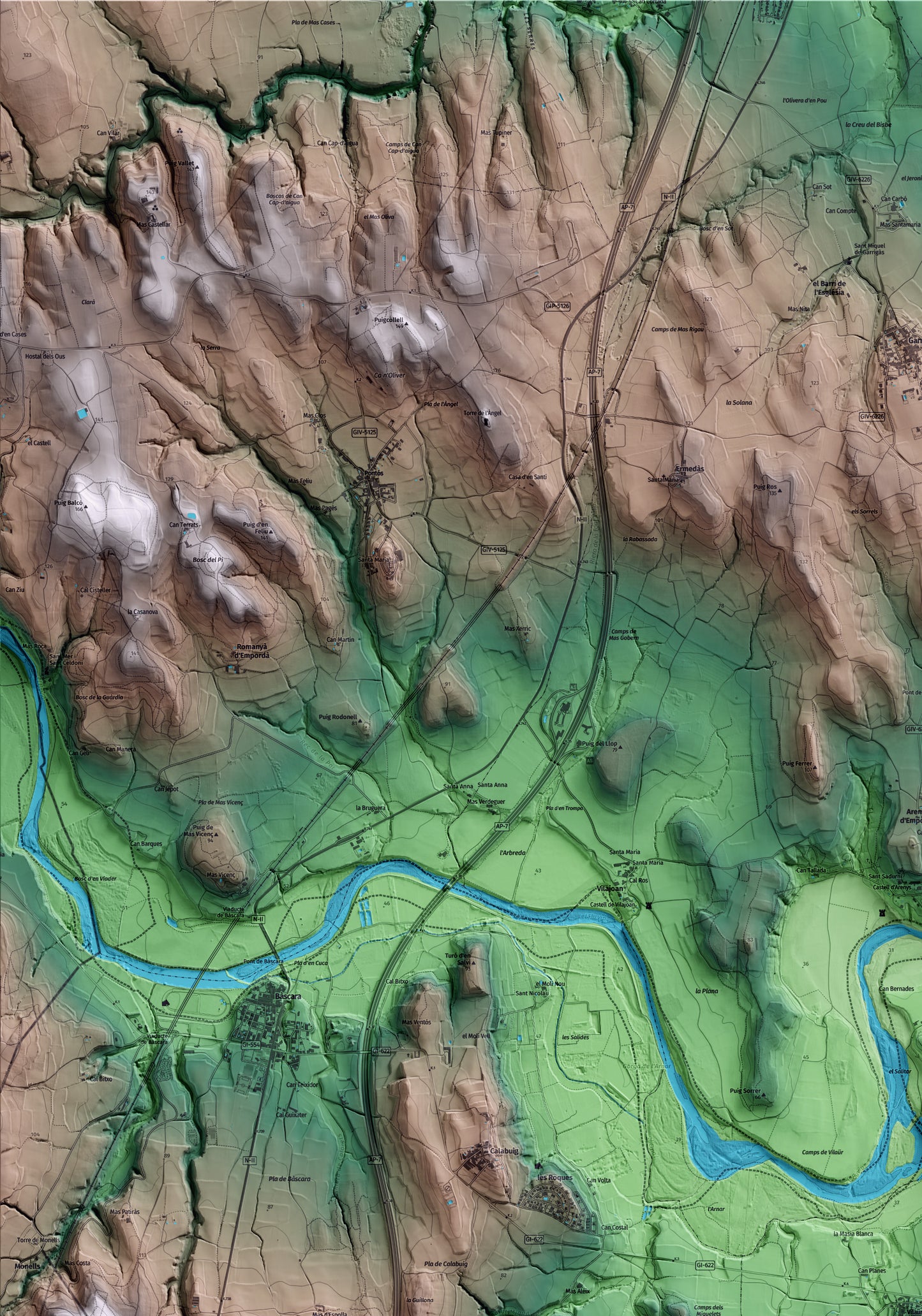 Mapa artístico del relieve de Vilaür, al Alt Empordà, con 15 km de entorno y base topográfica ICGC. Detalle de la zona superior izquierda.