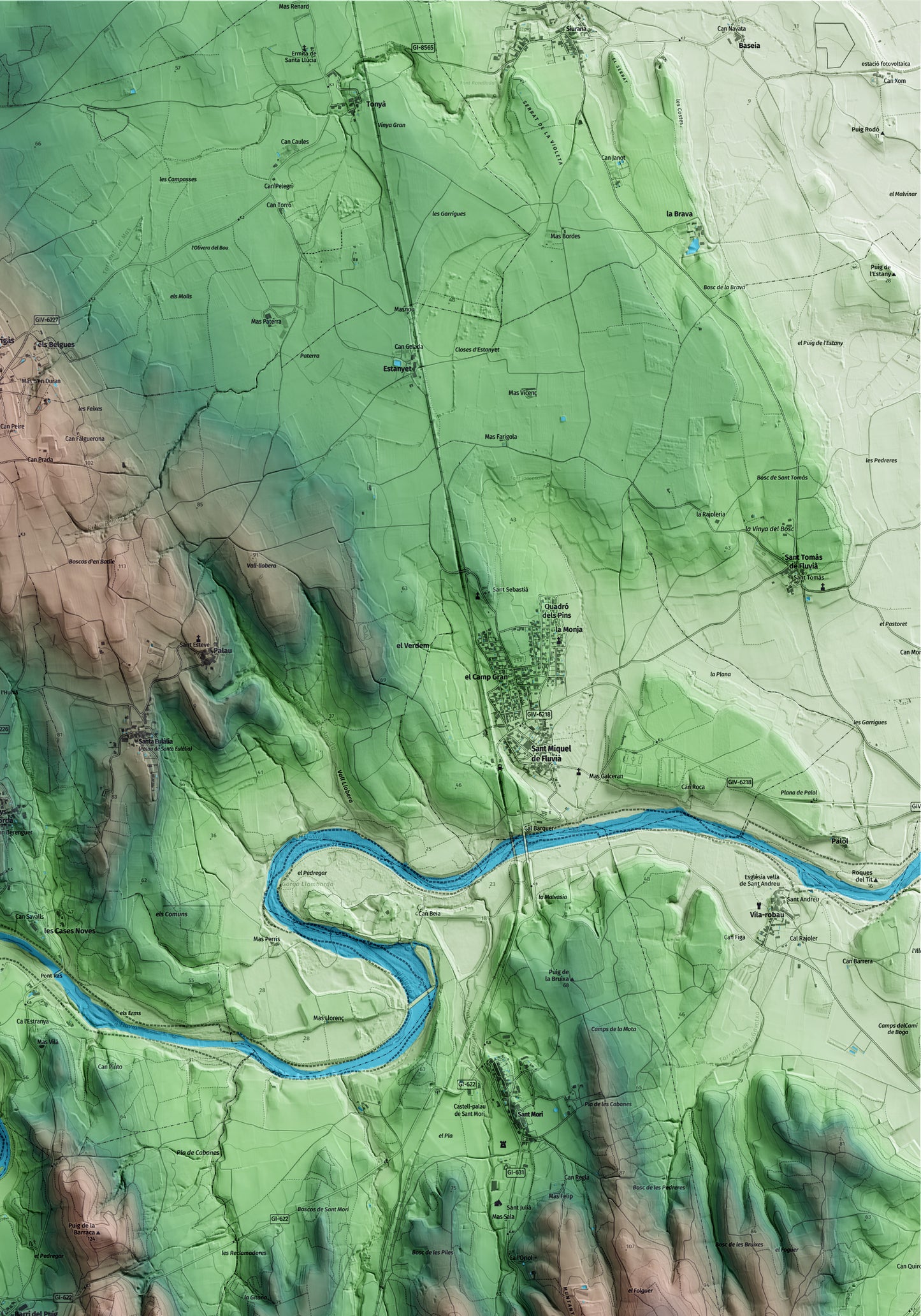 Mapa artístico del relieve de Vilaür, al Alt Empordà, con 15 km de entorno y base topográfica ICGC. Detalle de la zona superior derecha.