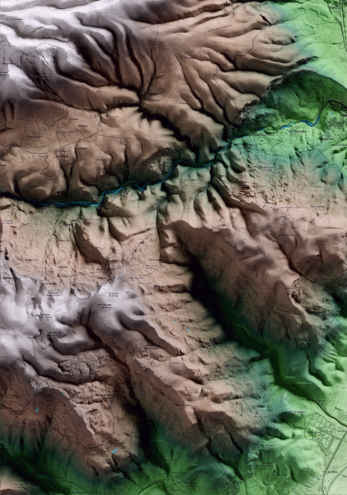 Mapa artístico del relieve de Vilaverd, a la Conca de Barberà, con 15 km de entorno y base topográfica ICGC. Detalle de la zona inferior izquierda.