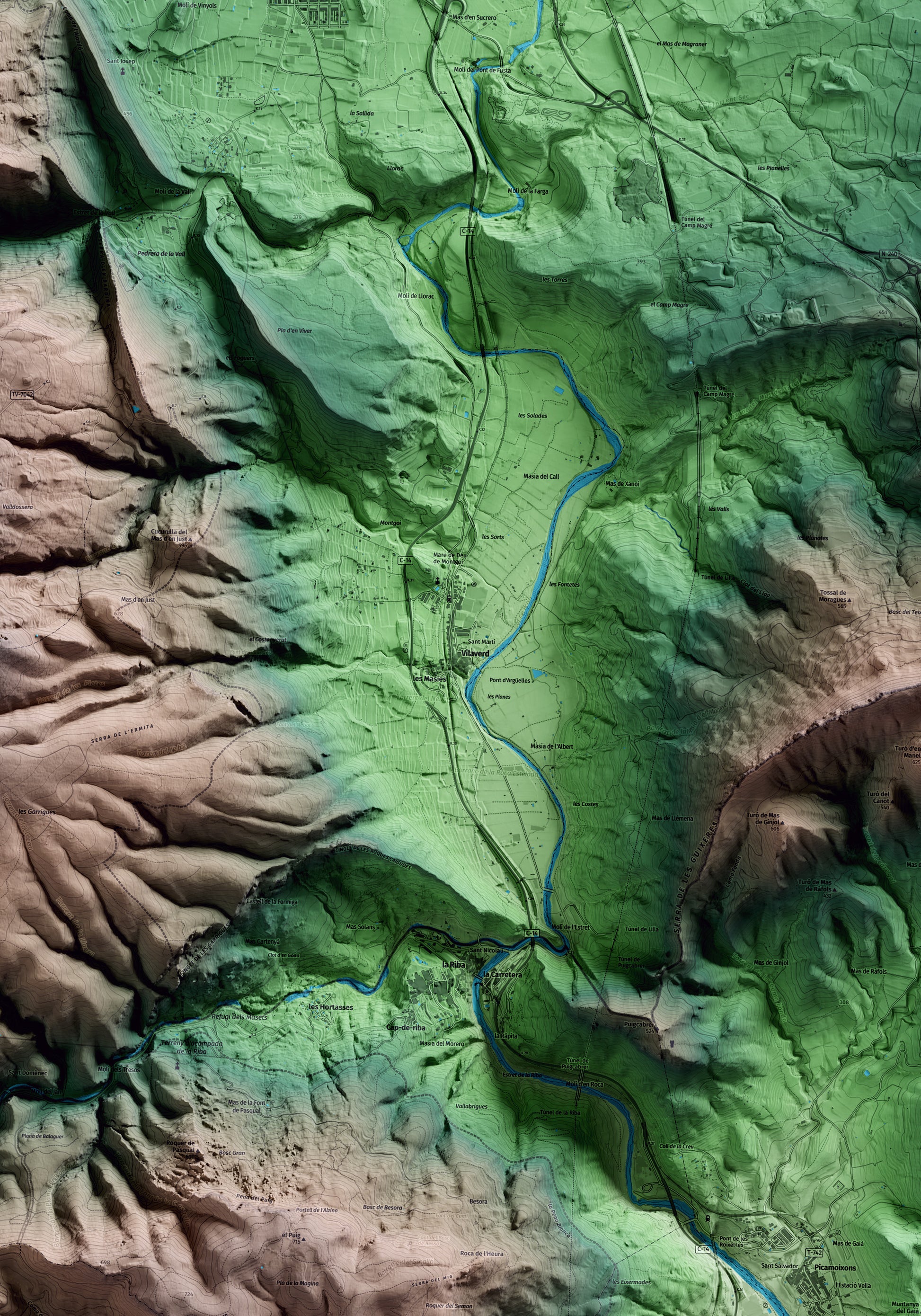 Mapa artístico del relieve de Vilaverd, a la Conca de Barberà, con 15 km de entorno y base topográfica ICGC. Detalle de la zona central.