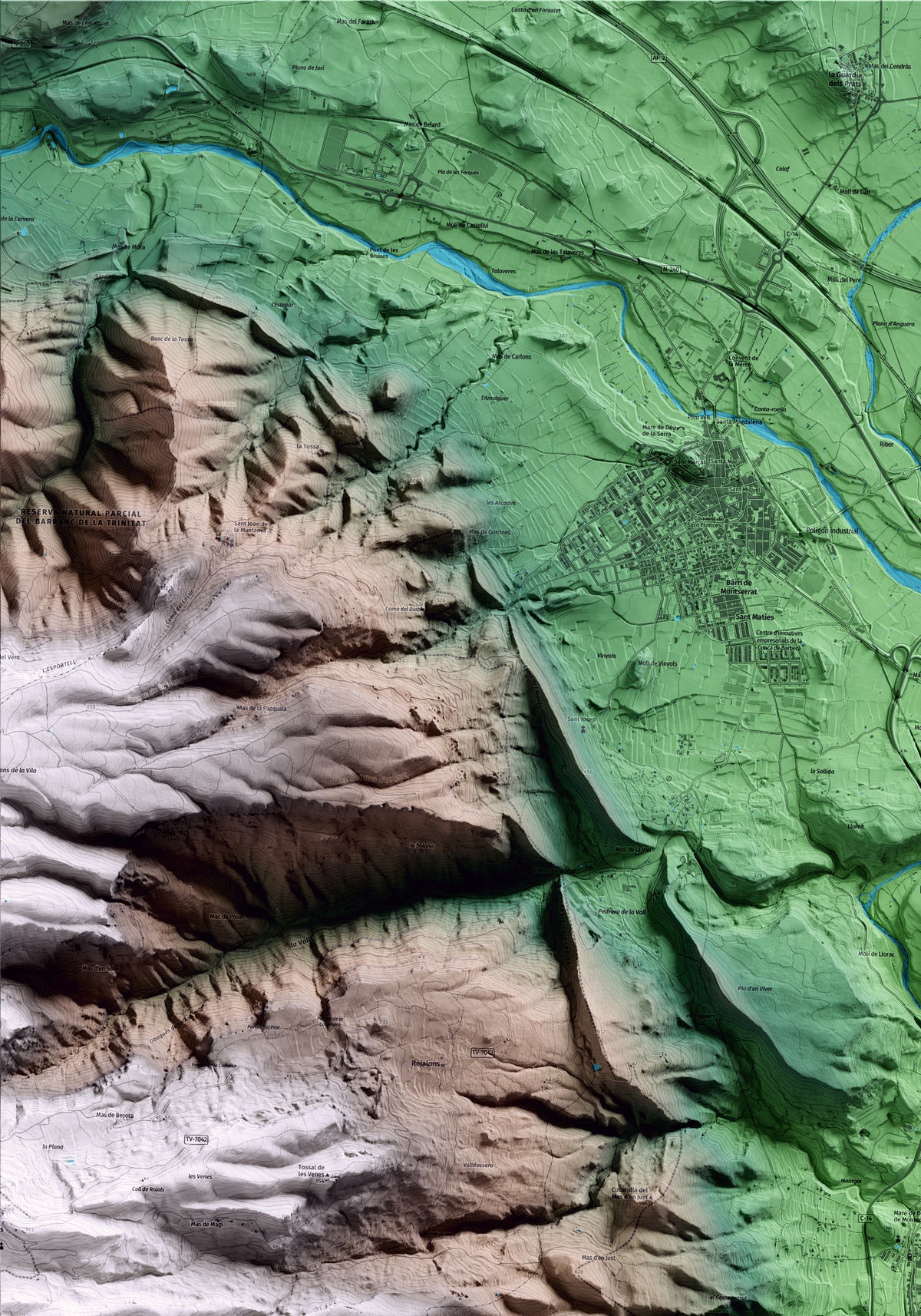 Mapa artístico del relieve de Vilaverd, a la Conca de Barberà, con 15 km de entorno y base topográfica ICGC. Detalle de la zona superior izquierda.